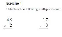 Column multiplication of a two-digit number less than 50 by 2, 3, or 5