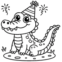 Funny cartoon alligator with a party hat coloring