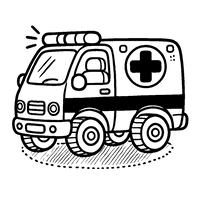 Printable coloring page of a simple cartoon ambulance with thick outlines