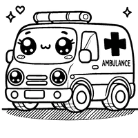 Printable coloring page of a kawaii-style ambulance with big cute eyes and a friendly look