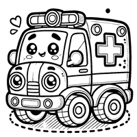 Printable coloring page of a playful cartoon ambulance with large expressive eyes