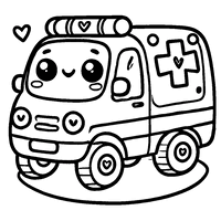 Printable coloring page of a cute and simple ambulance with heart decorations