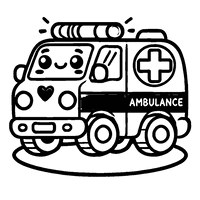 Printable coloring page of a kawaii-style ambulance with a friendly smiling face