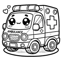 Printable coloring page of a chibi-style ambulance with a compact, adorable design