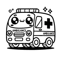 Printable coloring page of a kawaii-style ambulance with big expressive eyes