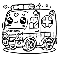 Printable coloring page of a chibi-style ambulance with a rounded, friendly design