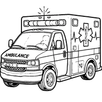 Printable coloring page of a simplified realistic ambulance with essential details