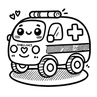 Printable coloring page of a cute cartoon ambulance with a smiling face