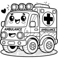 Printable coloring page of a playful ambulance with exaggerated wheels