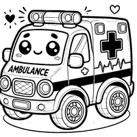 Printable coloring page of a chibi-style ambulance with oversized wheels and a fun design