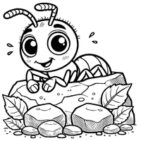 Coloring of a cute ant hiding behind a rock