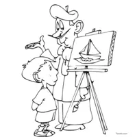 Coloring of a little boy and an artist in front of a canvas