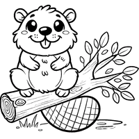 Coloring of a smiling beaver sitting on a branch