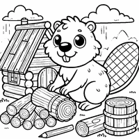 Coloring of a beaver building a wooden house