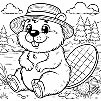 Coloring of a cartoon beaver wearing a straw hat