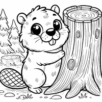 Coloring of a beaver near a cut tree trunk