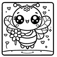 Coloring page of a kawaii bee holding a flower and smiling