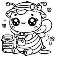 Coloring page of a chibi bee with a big hat and a honey pot