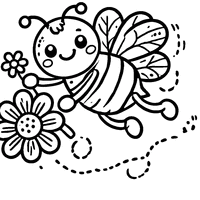 Coloring page of a cartoon bee flying with a flower