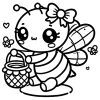 Coloring page of a chibi bee with a small bow and a honey basket