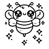 Coloring page of a kawaii bee with big shiny eyes and transparent wings