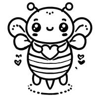 Coloring page of a kawaii bee with a small heart and rounded antennas