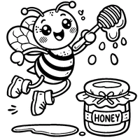 Coloring page of a cartoon bee jumping and holding a honey pot