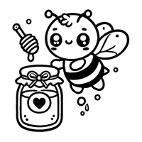 Coloring page of a chibi bee flying around a honey pot