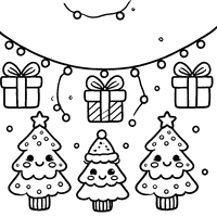 Christmas garland coloring page with smiling trees and gifts