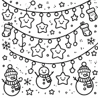 Christmas garland coloring page with stars and funny snowmen