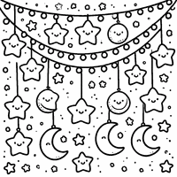 Christmas garland coloring page with stars and smiling moons