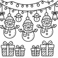 Christmas garland coloring page with snowmen and gifts