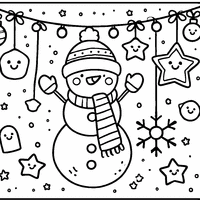 Christmas garland coloring page with snowmen and happy stars