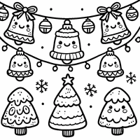 Christmas garland coloring page with Christmas bells and trees