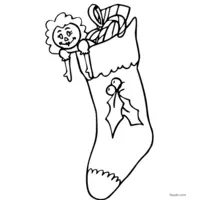 Coloring page of a Christmas stocking with gifts