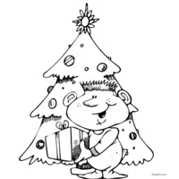 Child opening gift under the Christmas tree coloring page