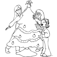 Family decorating Christmas tree coloring page