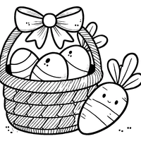 Coloring wicker basket with a big bow and carrot-shaped eggs