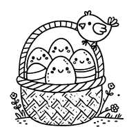 Coloring wicker basket with animal-shaped eggs and a bird