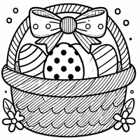 Coloring wicker basket with a big bow and polka-dotted eggs