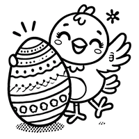 Easter hen holding an Easter egg in its claws and smiling