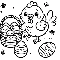 Funny Easter hen with a basket of eggs and a big smile