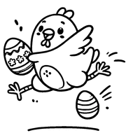 Easter hen jumping and holding a decorated egg