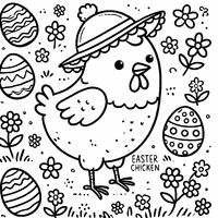 Funny Easter hen with a hat and flowers on the ground