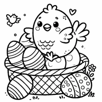 Easter hen sitting on a basket filled with eggs