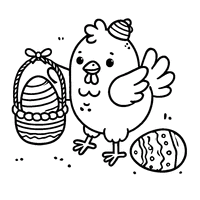 Funny Easter hen with a small basket of eggs