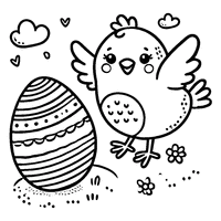 Easter hen with a striped egg and spread wings