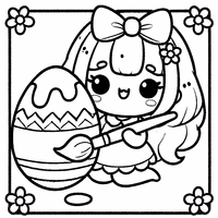 Kawaii girl painting a large Easter egg