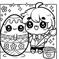 Kawaii boy painting an Easter egg