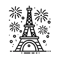 Cartoon Eiffel Tower with simple fireworks in the background | Toupty.com